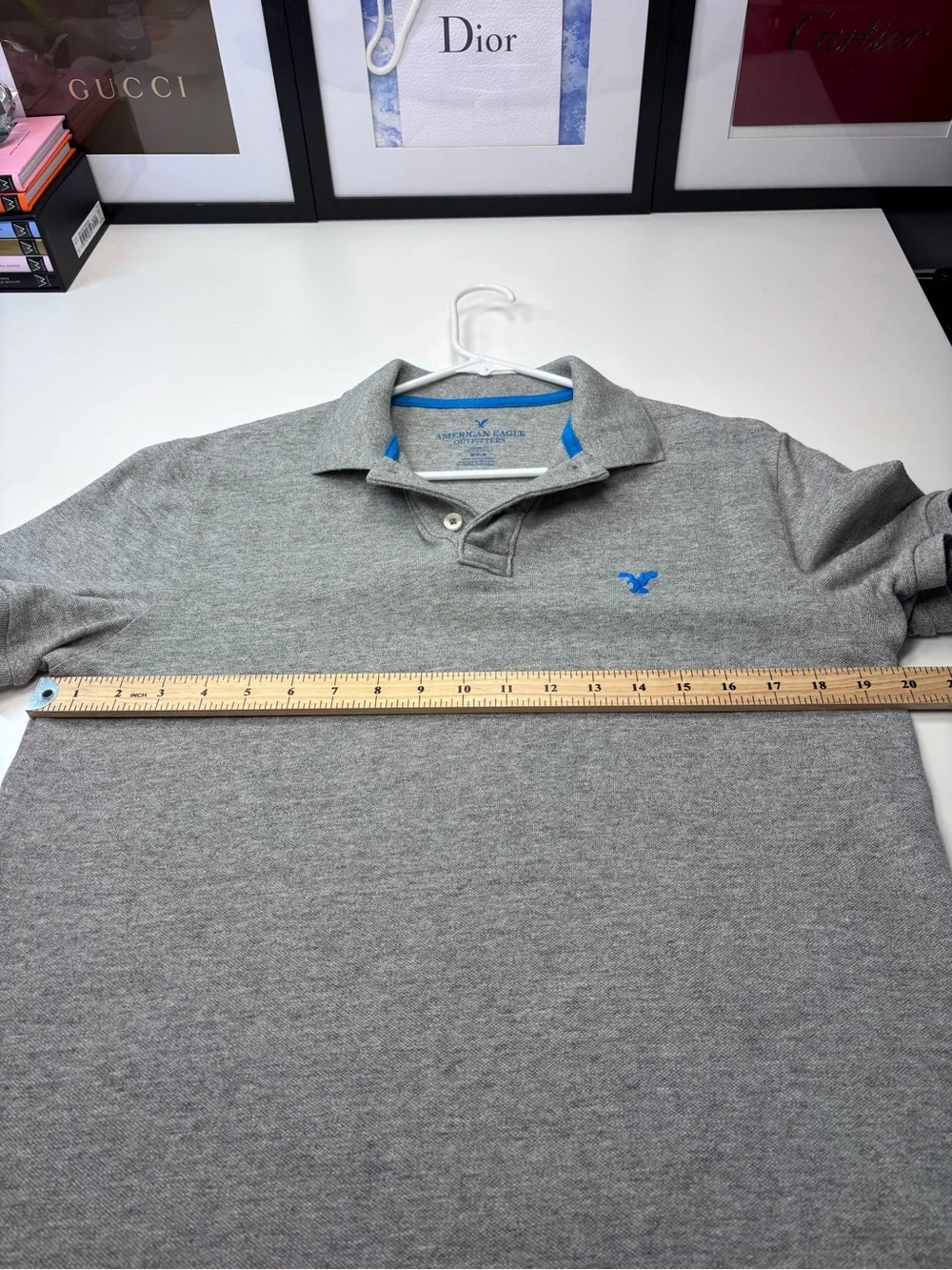 American Eagle Outfitters Classic Fit Heathered Grey Polo with Blue Logo Trim M